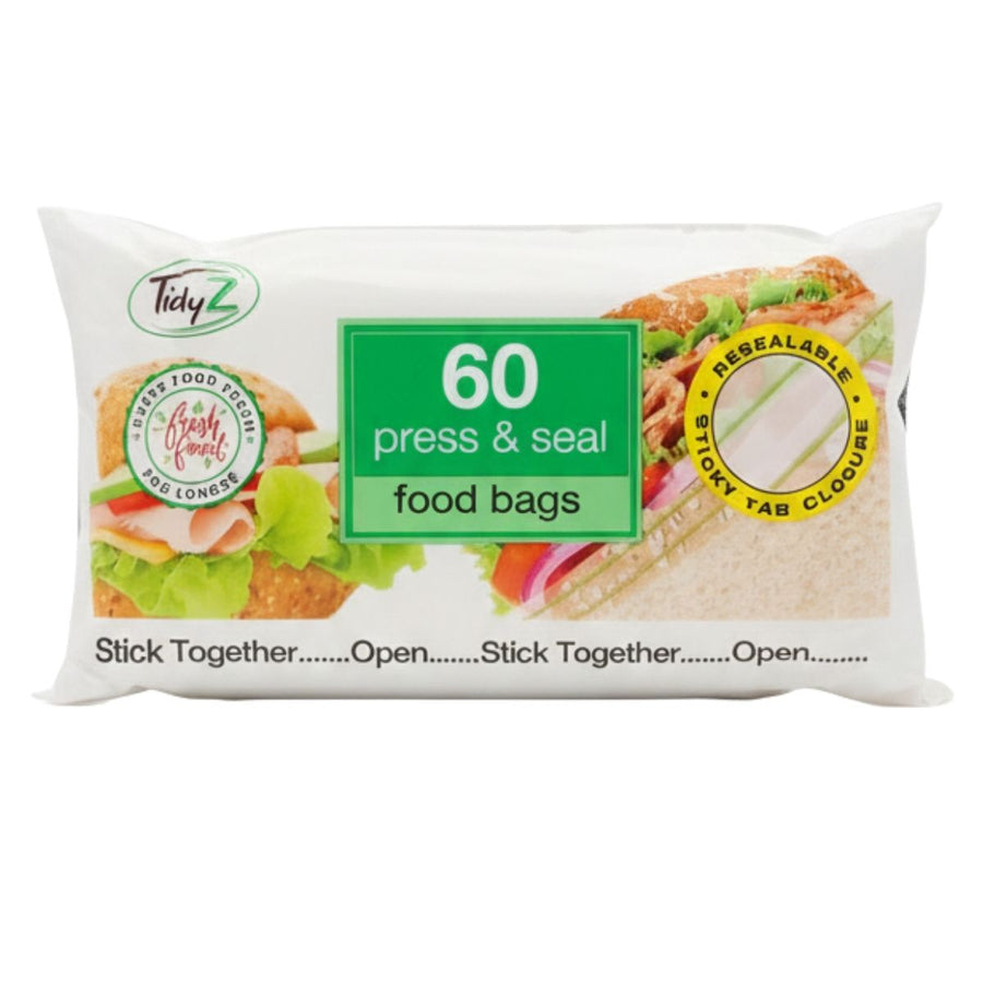 A pack of Tidyz Press & Seal Food Bags includes 60 resealable bags, ideal for kitchen organisation and meal prep. The packaging shows sandwiches, highlighting their usefulness for keeping food fresh and stored neatly.