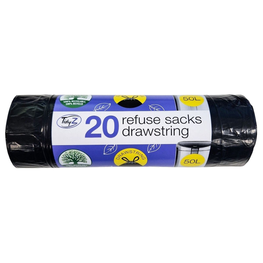Tidyz Refuse Sacks Drawstring (50L), 10 pack—black, made from 100% recycled plastic for convenient and eco-friendly household waste disposal.