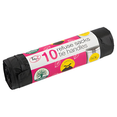 Tidyz Refuse Sacks Tie Handles (50L) 10 Pack—convenient tie handles for easy waste disposal, with pink and white packaging.