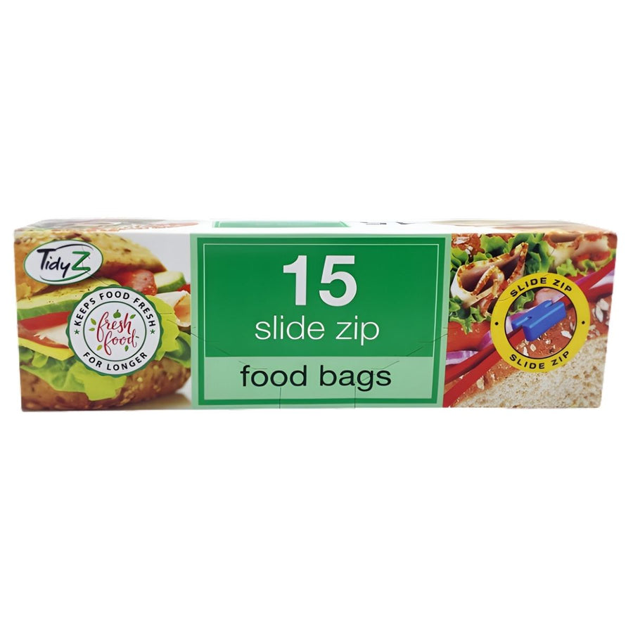 Tidyz Slide Zip Food Bags, 15-count box, keep food fresh with an airtight seal. Reusable bags feature sandwich images and a label for secure food storage.
