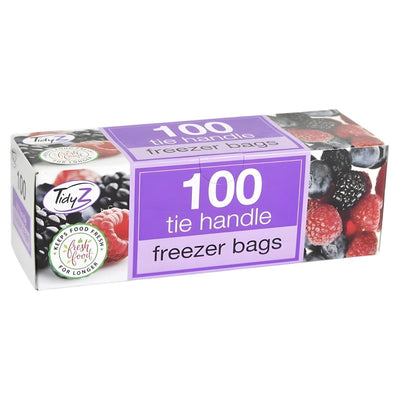 Tidyz Tie Handle Freezer Bags, 100-pack, ideal for food storage and preservation. Packaging features assorted berry images and product details.