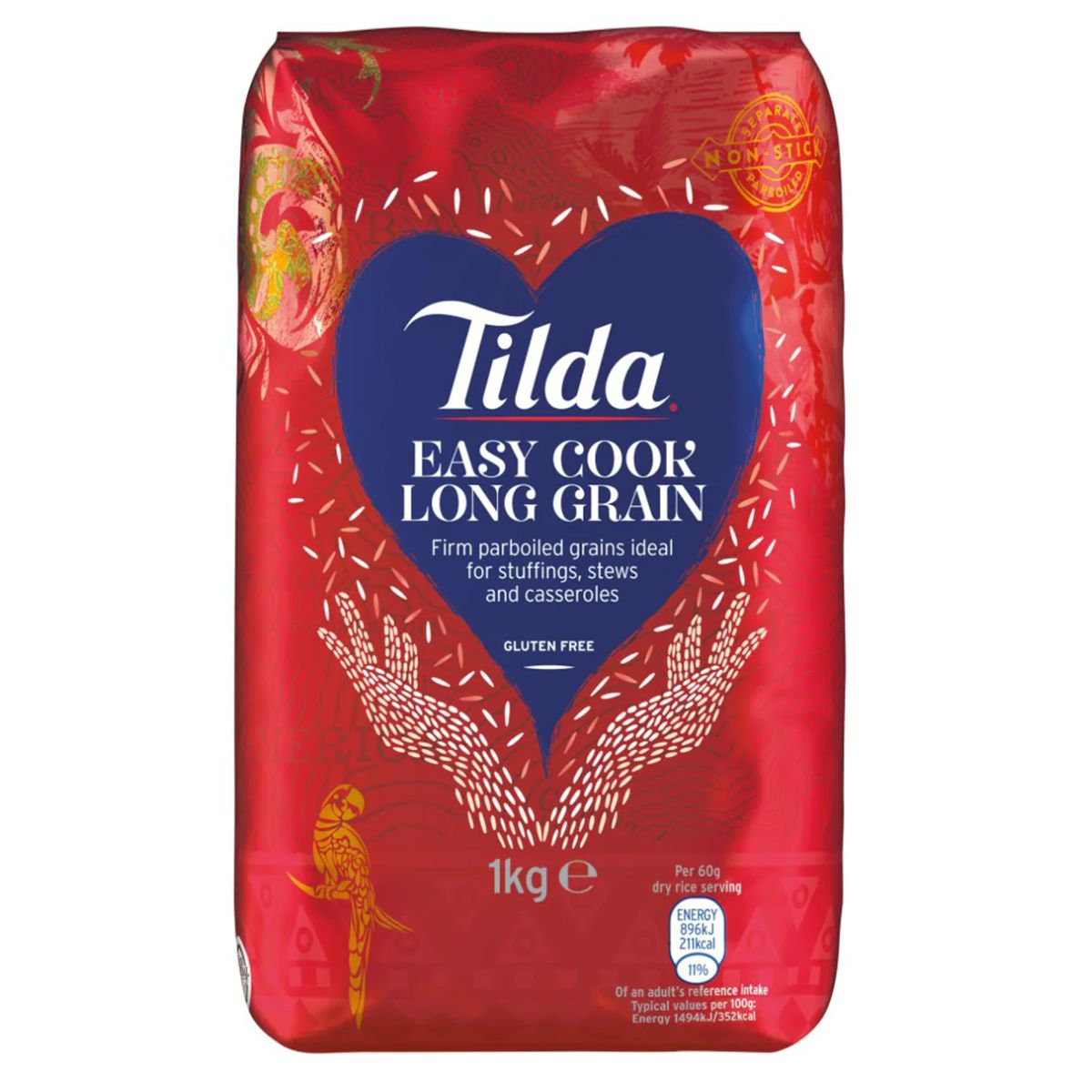 A package of Tilda - Easy Cook Long Grain Rice - 1kg, gluten-free.