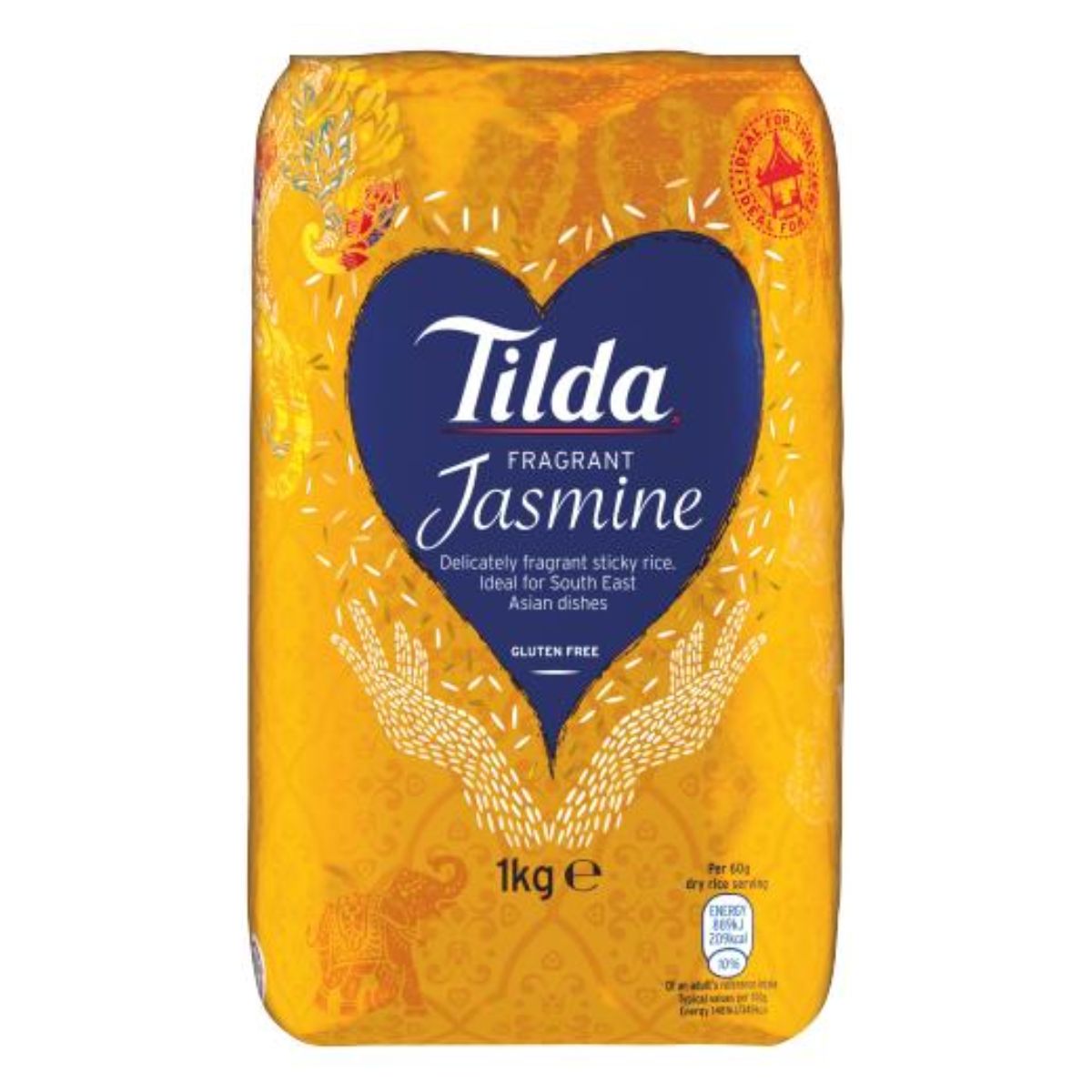 Tilda - Fragrant Jasmine Rice - 1kg comes in a yellow and blue pack, is gluten free, and perfect for South East Asian dishes. Enjoy its aromatic jasmine fragrance in every meal.