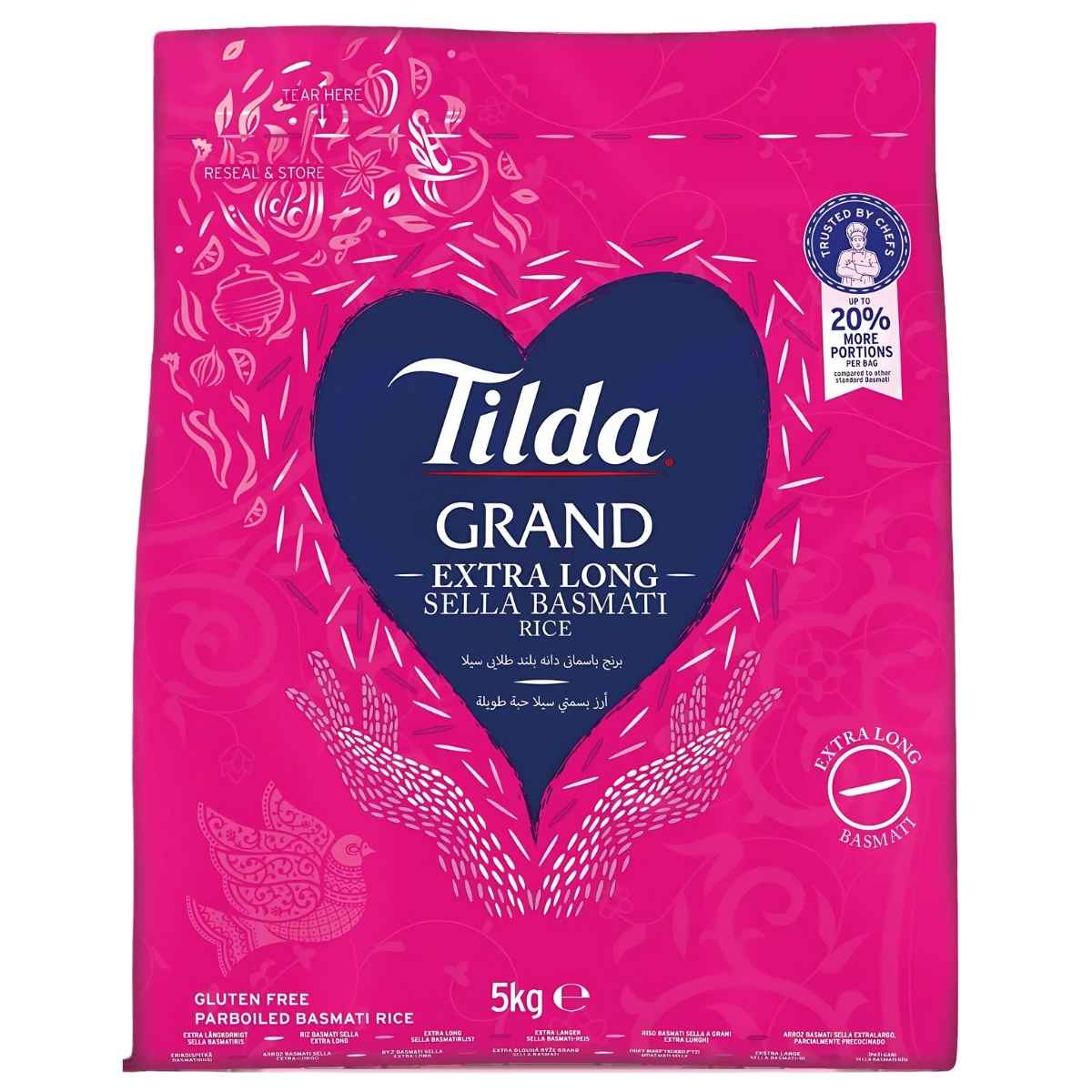 Tilda - Grand Extra Long Sella Basmati Rice 5kg, with its heart-shaped logo and decorative design, is perfect for aromatic rice enthusiasts.