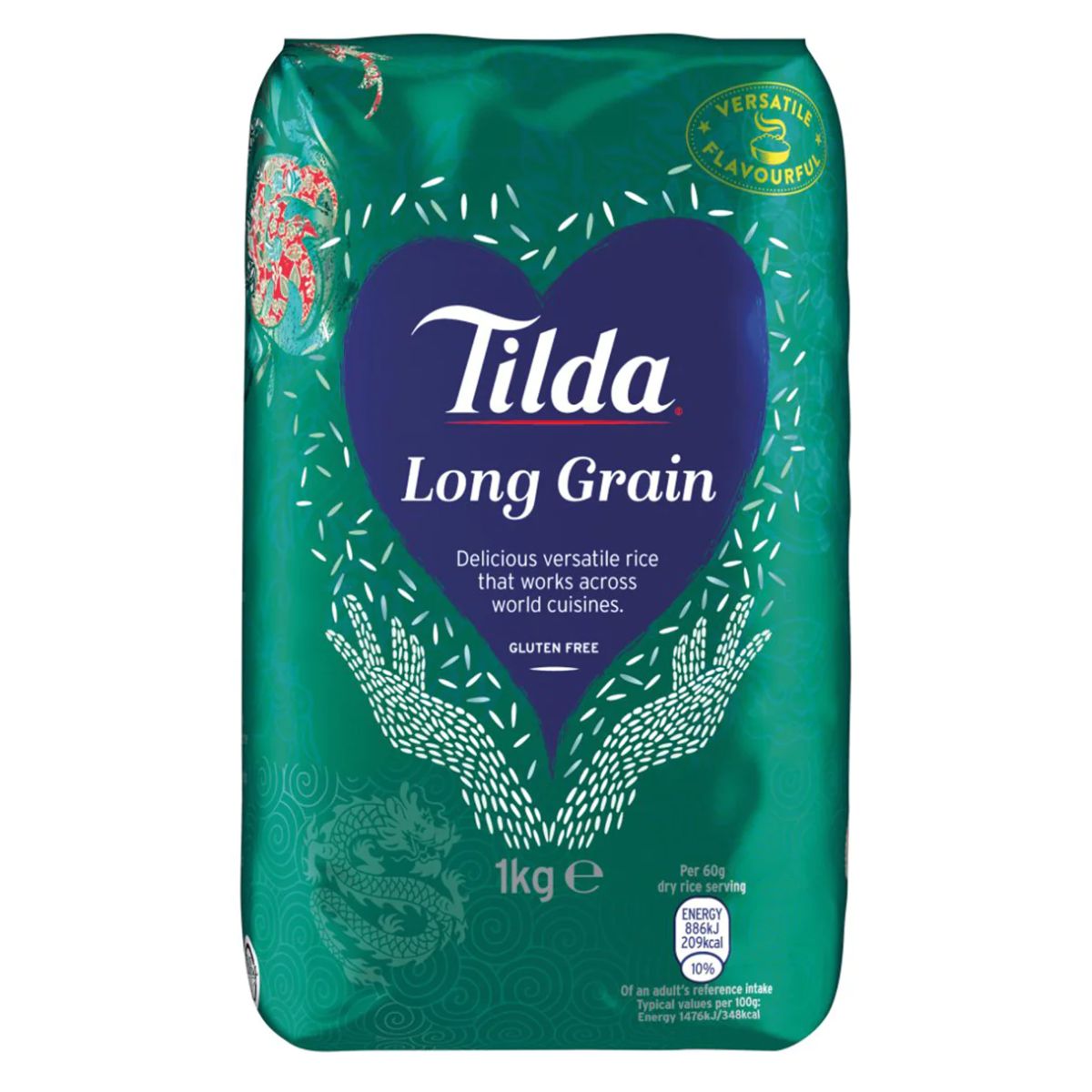 A package of Tilda - Long Grain Rice - 1kg, ideal for cooking.