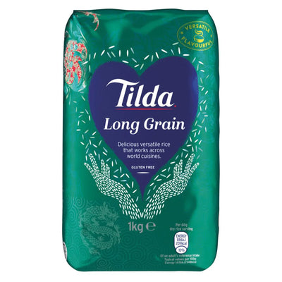 Tilda Long Grain Rice - 1kg bag, featuring a blue heart label on green, provides gluten-free, restaurant-quality rice you can enjoy at home.