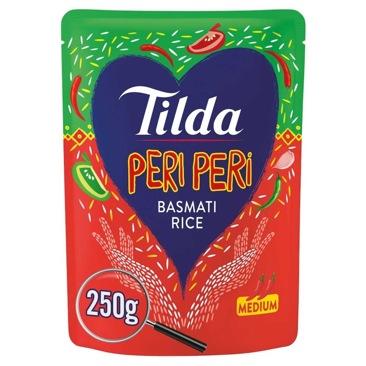 Tilda Peri Peri Basmati Rice packaging with colorful design and text.