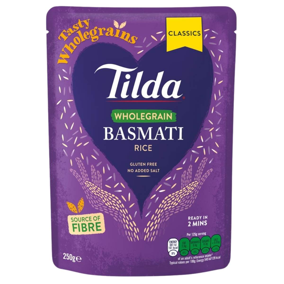 Tilda - Wholegrain Classic Microwave Basmati Rice, 250g, is gluten free, has no added salt, and is a source of fibre. This steamed rice is ready in 2 minutes—ideal for quick, healthy meals.