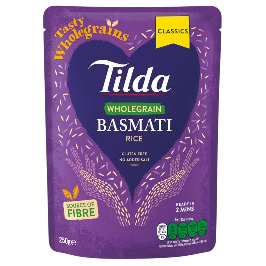 Tilda - Wholegrain Classic Microwave Basmati Rice, 250g, is gluten free, has no added salt, and is a source of fibre. This steamed rice is ready in 2 minutes—ideal for quick, healthy meals.