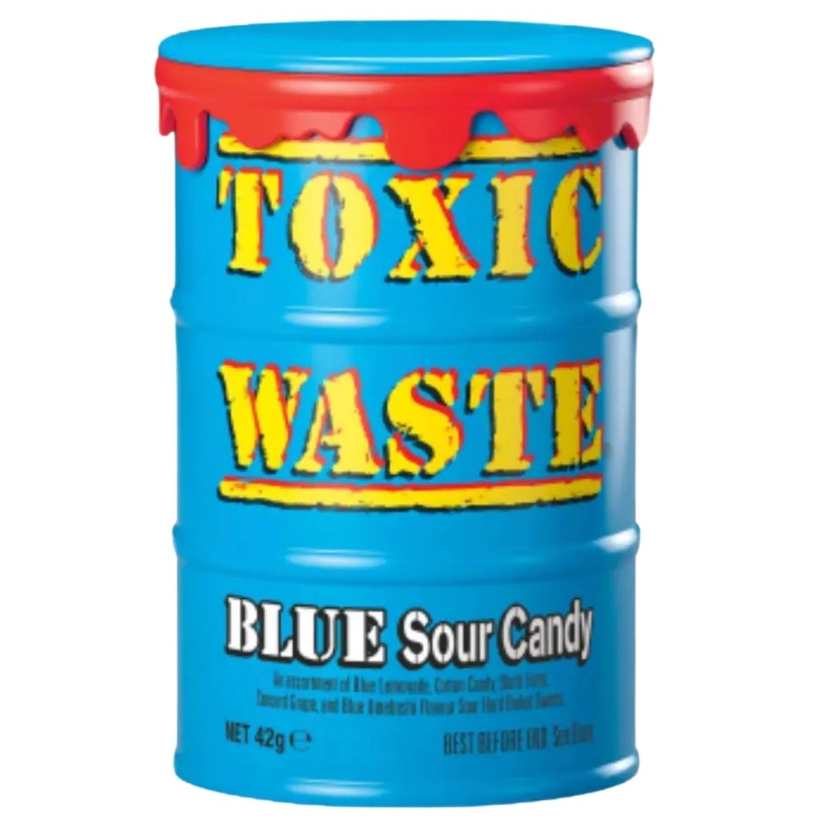Blue container labeled 'Toxic Waste Blue Sour Candy' 42g with red and yellow text on a white background.
