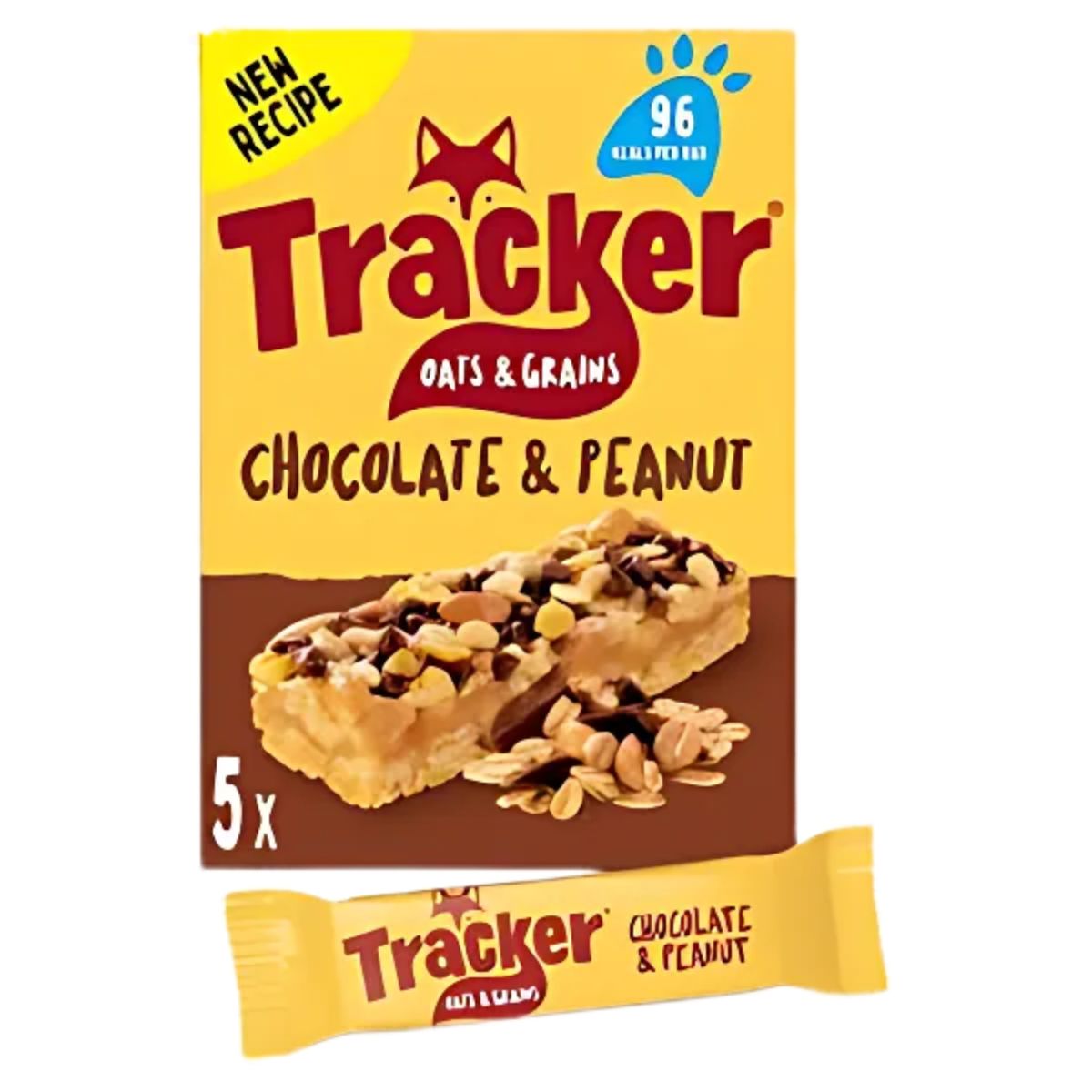 A box of Tracker - Chocolate & Peanut Oat Bars - 110g, featuring one bar displayed at the front. The packaging emphasizes "New Recipe" and contains "96 kcal per bar.