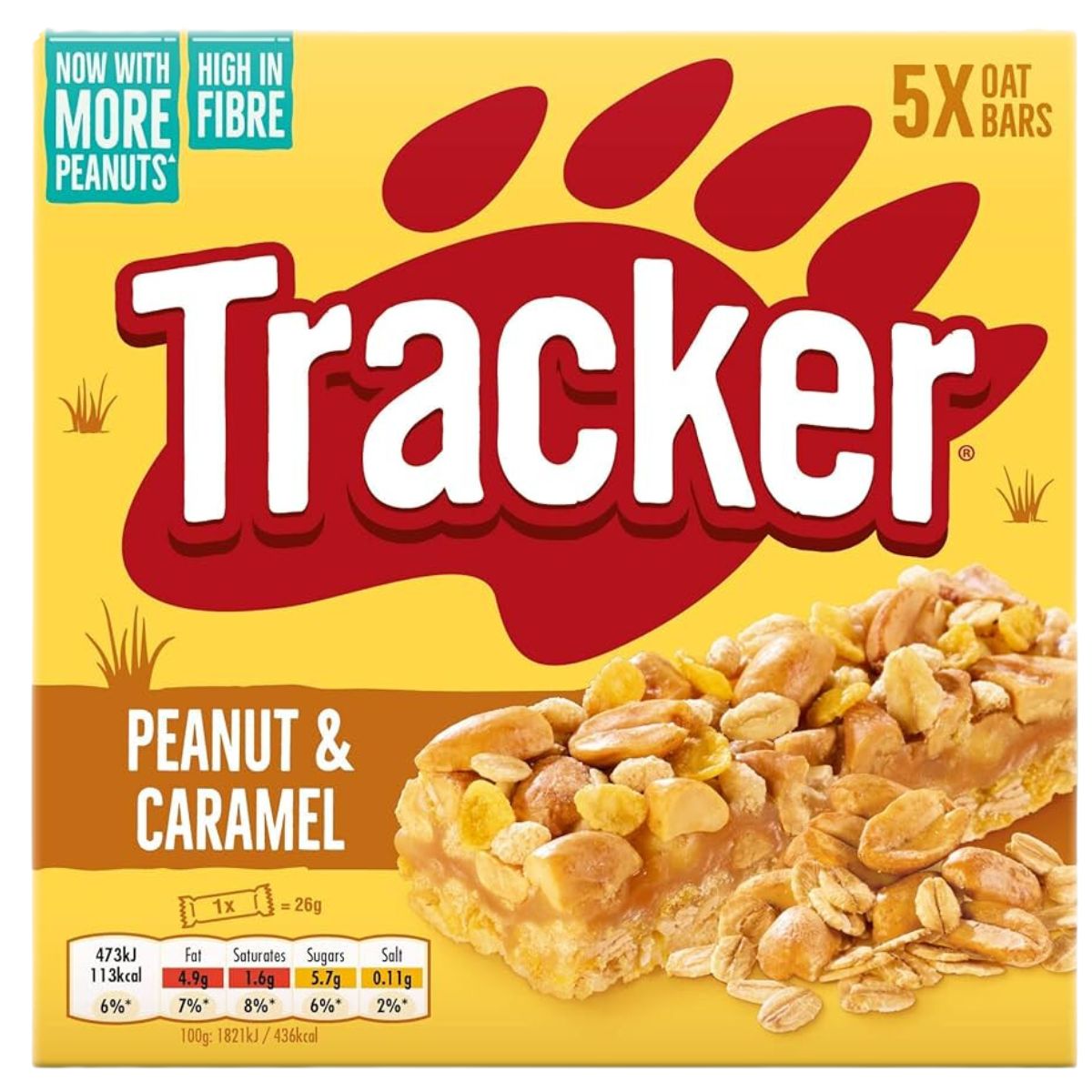 Packaging for Tracker - Crunchy Peanut Cereal Bars. Highlights: high in fiber, more peanuts, 473 kcal per 100g. Contains five bars.