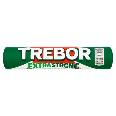 A 41.3g Trebor Extra Strong Peppermint Roll, a classic British mint in green, white, and red packaging with nutritional info on the side.