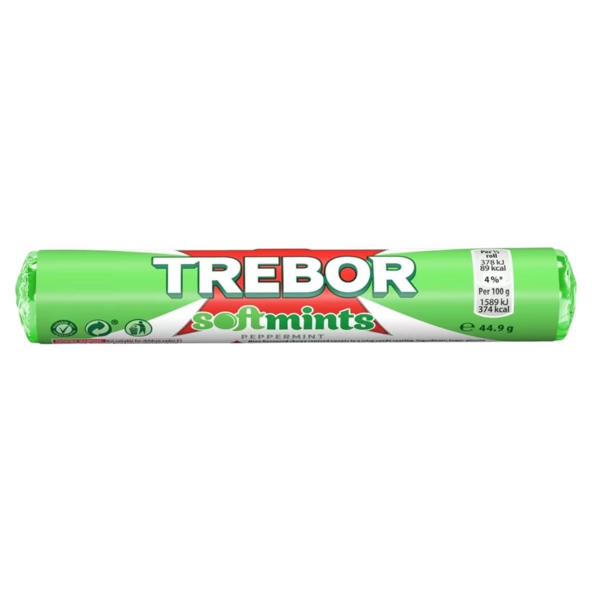 Enjoy a 44.9g Trebor Softmints peppermint roll—classic mint sweets in green packaging with the Trebor brand, perfect for refreshment anytime.