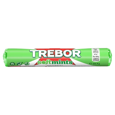 Enjoy a 44.9g Trebor Softmints peppermint roll—classic mint sweets in green packaging with the Trebor brand, perfect for refreshment anytime.