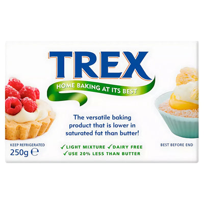 Trex - Baking Fat - 250g is a dairy-free baking fat with 20% less fat and lower saturated fat than butter; the pack features tart and cupcake images.