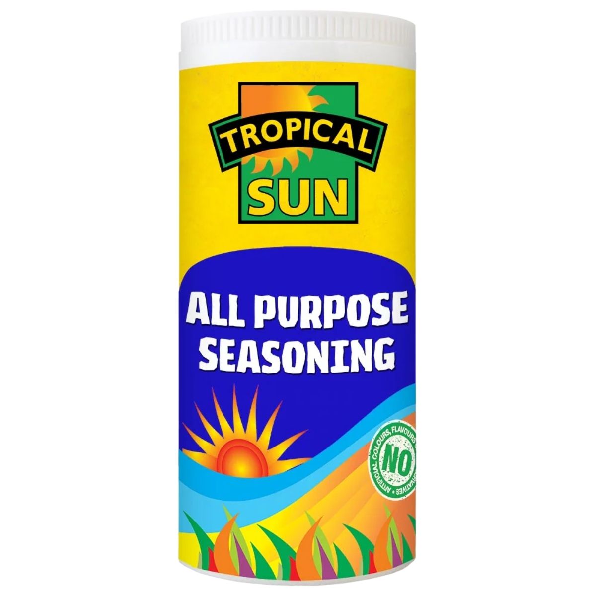 A 100g container of Tropical Sun - All Purpose Seasoning by Tropical Sun, with a yellow and blue label displaying a sun and tropical plants.