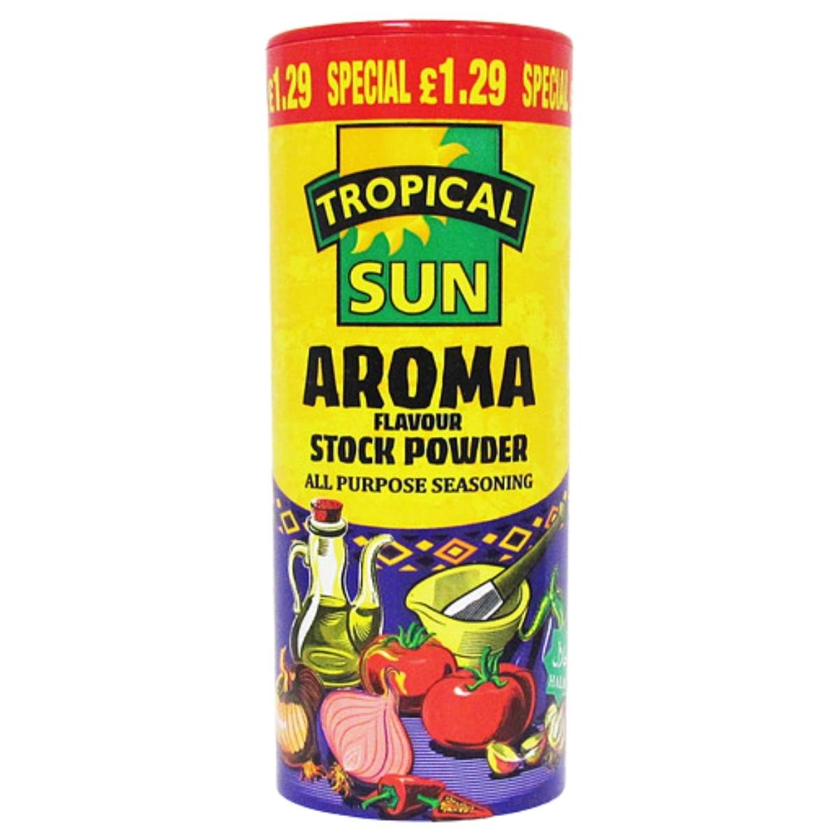 A 90g cylindrical container of Tropical Sun Aromatic All Purpose Seasoning with a yellow and purple label, vegetable and seasoning images on the bottom, priced at £1.29.