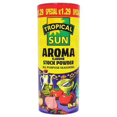 A 90g cylindrical container of Tropical Sun Aromatic All Purpose Seasoning with a yellow and purple label, vegetable and seasoning images on the bottom, priced at £1.29.