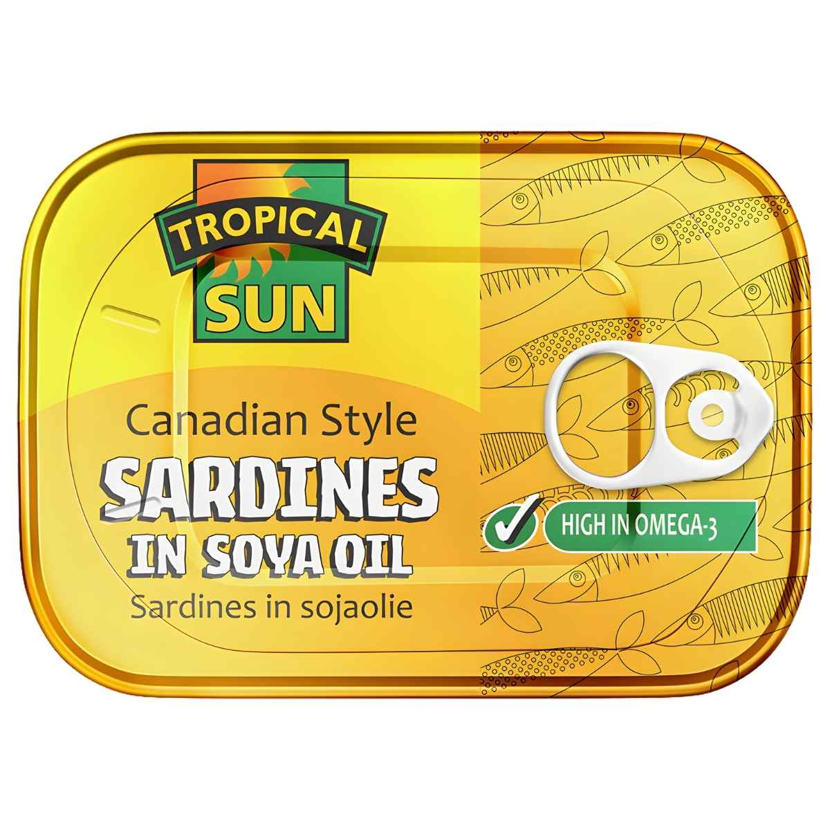 Tropical Sun - Canadian Style Sardines in Soya Oil (106g) come in a rectangular can with a pull-tab lid and a label featuring high omega-3 content—an ideal pick for tinned fish enthusiasts.