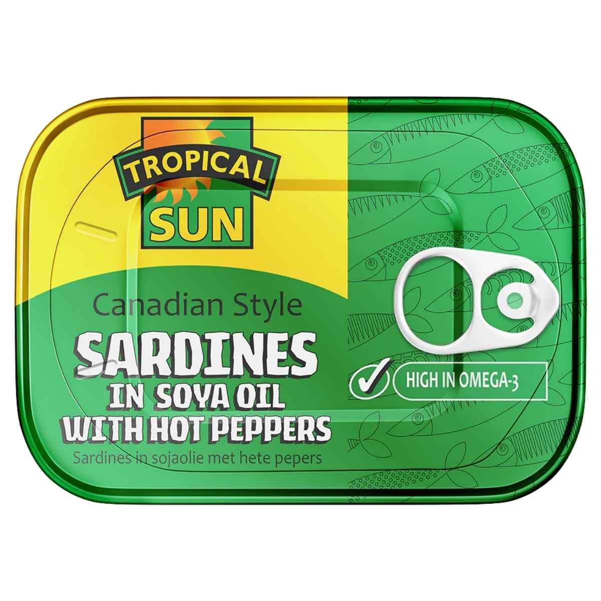 Tropical Sun Canadian Style Sardines in Soya Oil with Hot Peppers (106g) are high in Omega-3—enjoy spicy, flavorful sardines packed with nutrition.