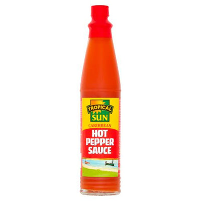 An 85ml bottle of Tropical Sun Caribbean Hot Pepper Sauce with a red cap and a yellow and red label.