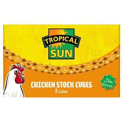 Tropical Sun - Chicken Stock Cubes (Halal) - 8 Cubes box featuring a white chicken illustration, a green Halal certification symbol, and flavour enhancer.