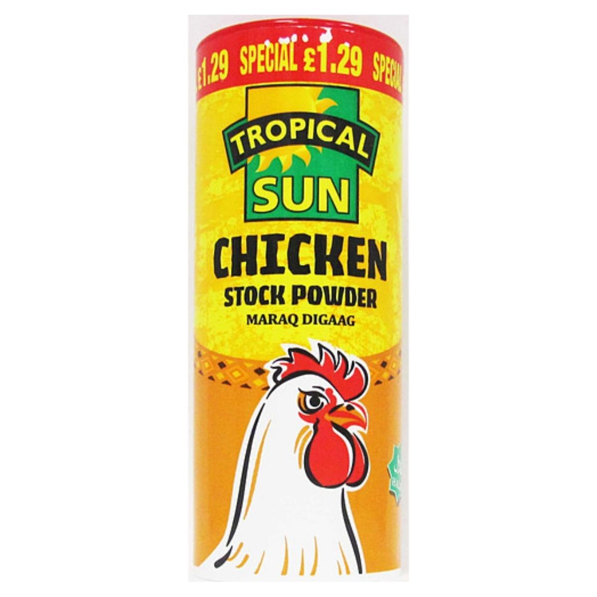 A 200g cylindrical container of Tropical Sun - Chicken Stock Powder Seasoning, featuring a rooster illustration and priced at £1.29.