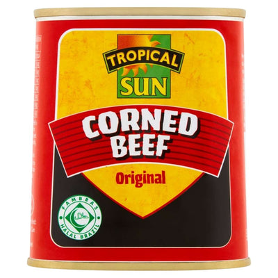 Tropical Sun corned beef can on a white background