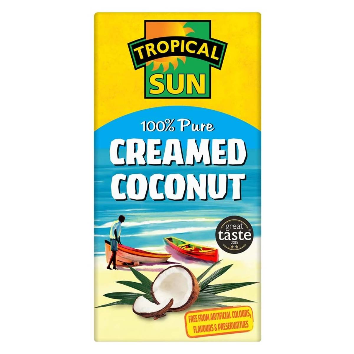 The Tropical Sun - Creamed Coconut - 200g package features a beach scene with boats and a coconut illustration, emphasizing its rich texture and tropical flavor.