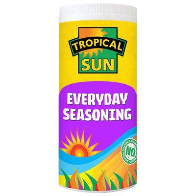 A 100g container of Tropical Sun Everyday Seasoning, a versatile herb and spice blend, with a yellow, purple, and blue label showing a sun and "NO artificial flavours" text.