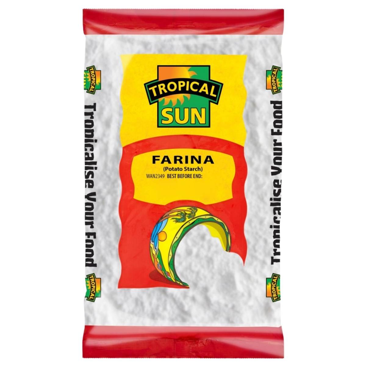 A sealed 500g bag of Tropical Sun - Farina (Potato Starch) featuring yellow, red, and white Tropical Sun branding and design on the packaging.