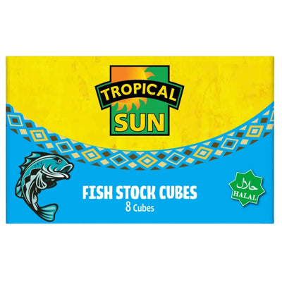 Tropical Sun - Fish Stock Cubes (Halal) - 8 Cubes, featuring a graphic of a fish and a halal certification symbol.