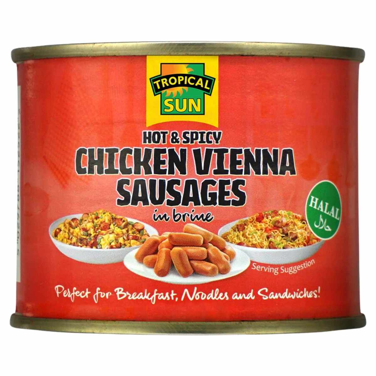 A 200g can of Tropical Sun Hot Spicy Chicken Vienna Sausages (Halal) in brine, ideal for breakfast, noodle dishes, and sandwiches.