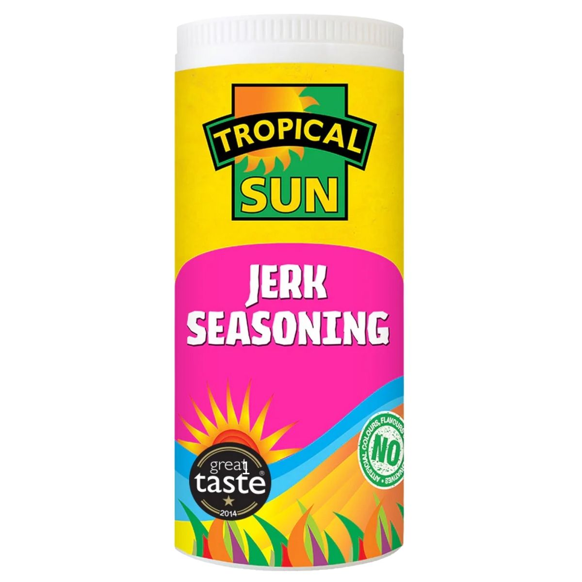 A 100g jar of Tropical Sun Jamaican Jerk Seasoning with a vibrant label, "great taste" award badge, and "NO artificial flavours"—ideal for fans of authentic jerk chicken and Caribbean spices.