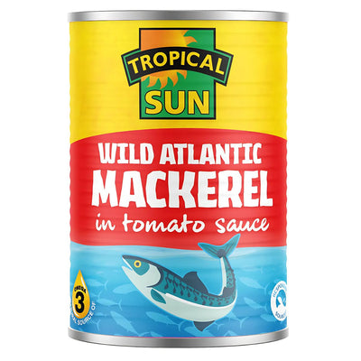 Enjoy Tropical Sun - Mackerel in Tomato Sauce (400g), a protein-rich, omega-3 packed meal in a colorful can with fish illustration and vibrant yellow, red, and blue label.