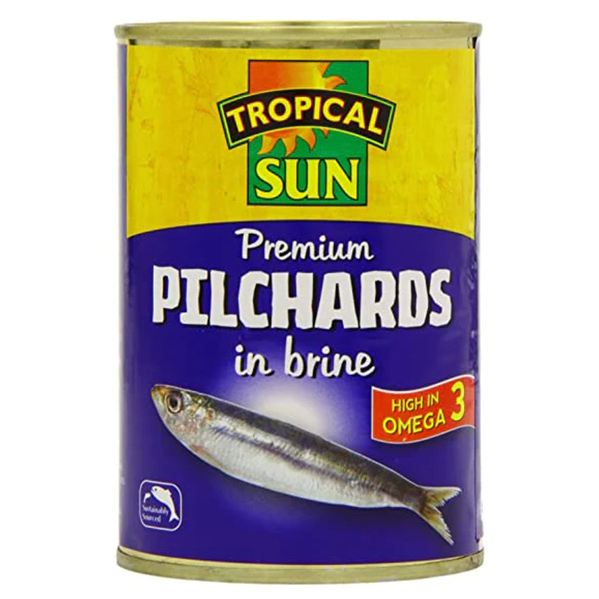 Tropical Sun - Pilchards in Brine - 425g can, showcasing a fish image and a label highlighting its high Omega-3 content.