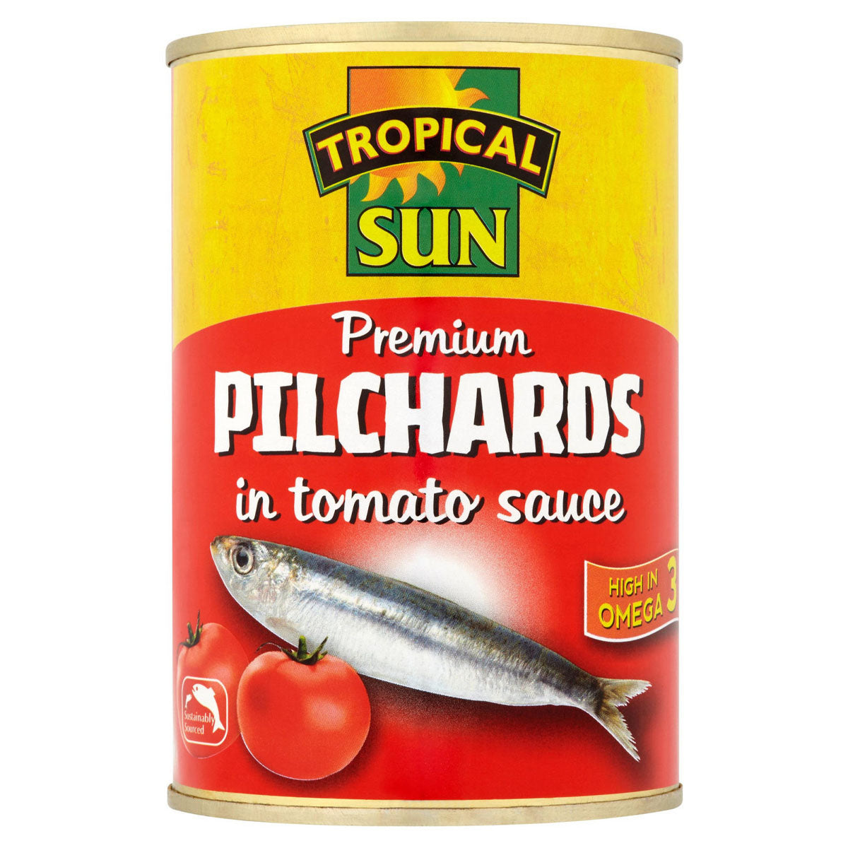 A 425g can of Tropical Sun Premium Pilchards in Tomato Sauce featuring images of a fish and tomatoes on the label.