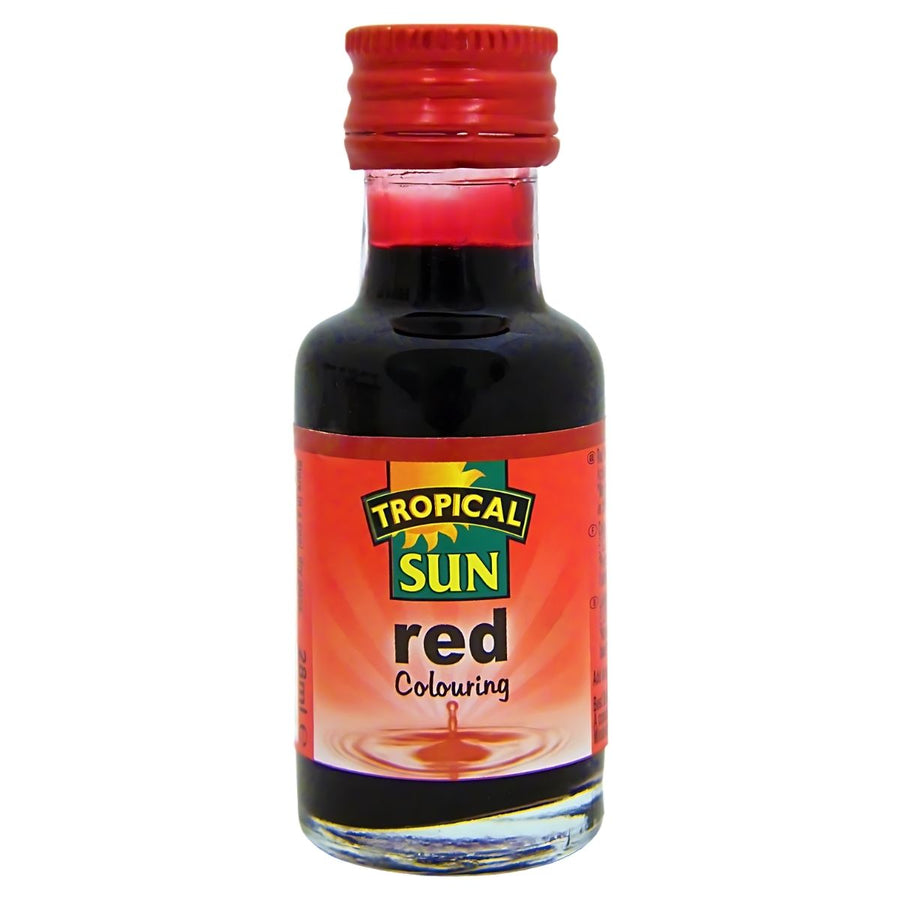 Tropical Sun Red Food Colouring (28ml) comes in a small glass bottle with a red screw cap and branded label—perfect for baking and adding vibrant colour to your desserts.