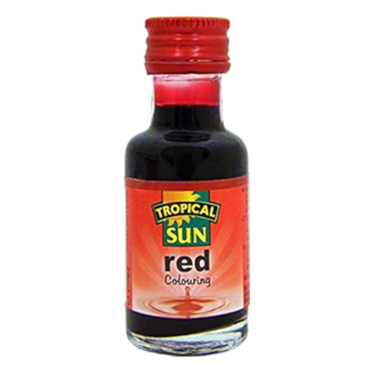 A 28ml bottle of Tropical Sun Red Food Colouring with a vibrant red cap and label, perfect for adding vivid color to cakes.