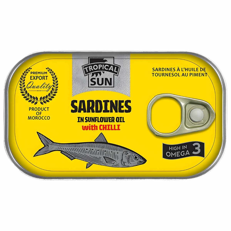 A 125g can of Tropical Sun - Sardines In Sunflower Oil with Chilli, featuring a fish illustration and product labels on a yellow background. High in Omega-3.