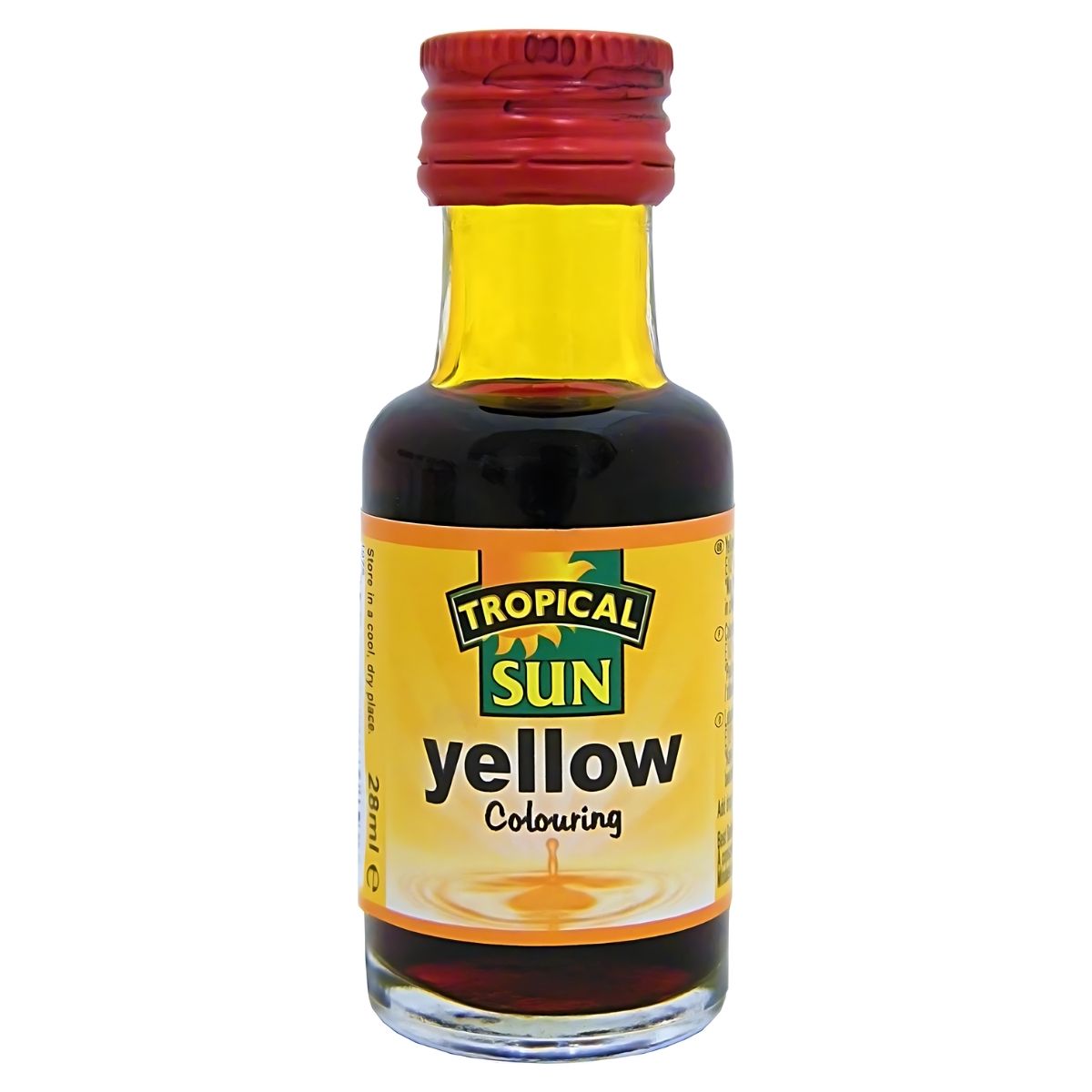 Explore the 28ml Tropical Sun Yellow Food Colouring with a yellow hue. This small bottle, topped with a red cap and a yellow label, is ideal for enhancing your culinary creations.