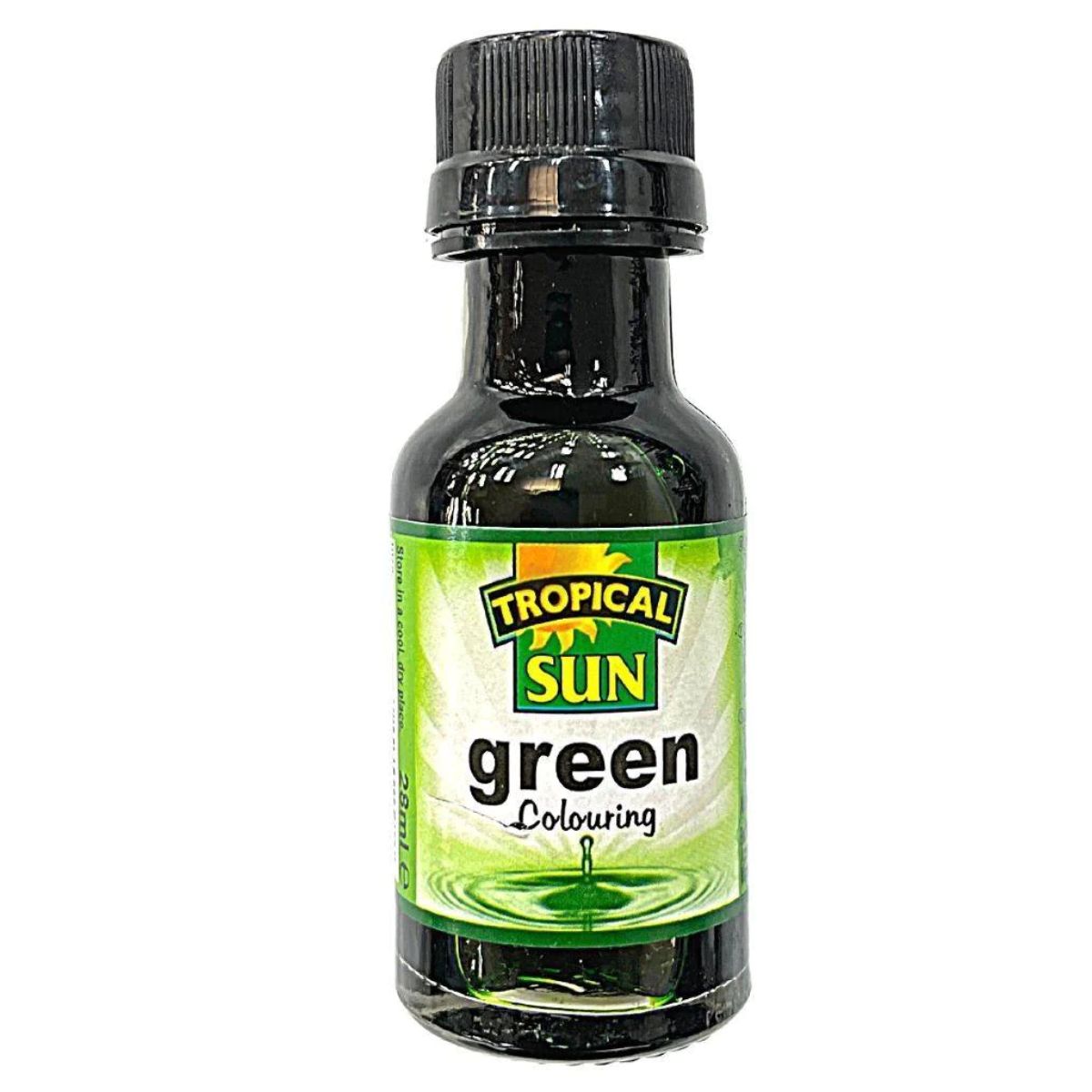 A 28ml Tropical Sun Green Food Colouring bottle with a black cap and green label, ideal for adding vibrant hues to your dishes.