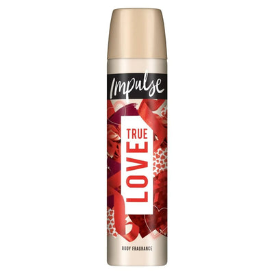 A 75ml can of Impulse True Love Body Spray Deodorant by Impulse, featuring a red and gold design with a beige cap and a long-lasting fragrance for all-day freshness.