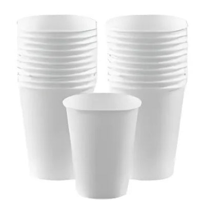 A group of THL 8oz Paper Cups (50pcs) by THL, shown in two stacks with one disposable cup placed in front.