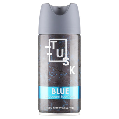 Tusk - Blue Deodorant Body Spray, 150ml, provides long-lasting odor protection and features a sleek gray cap with a blue label on the lower part of the can.
