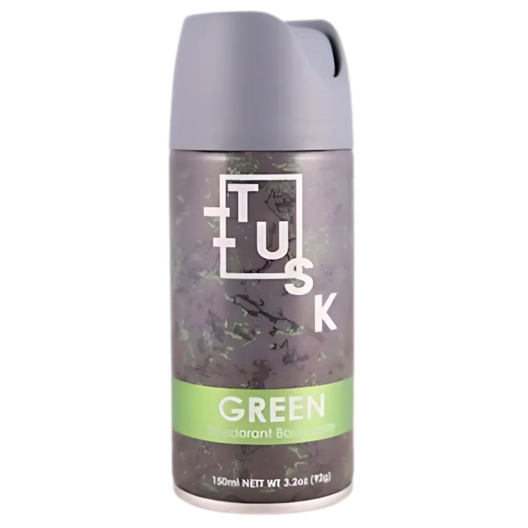 Tusk Green Deodorant Body Spray (150ml) features a gray cap and green label, delivering long-lasting protection. The Tusk product is shown against a white background.