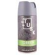 Tusk Green Deodorant Body Spray (150ml) features a gray cap and green label, delivering long-lasting protection. The Tusk product is shown against a white background.