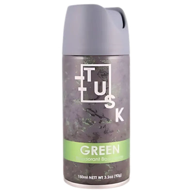 Tusk Green Deodorant Body Spray (150ml) features a gray cap and green label, delivering long-lasting protection. The Tusk product is shown against a white background.