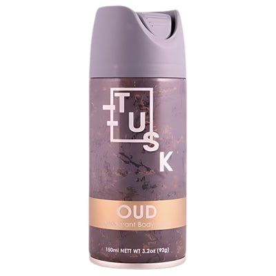 Tusk - OUD Deodorant Body Spray, 150ml, by Tusk, features a rich oud fragrance and comes with a purple cap and marbled label design.